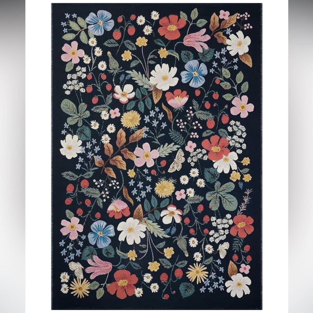 Riffle Paper Indoor Outdoor Rug Strawberry Fields Floral Moody Navy Black